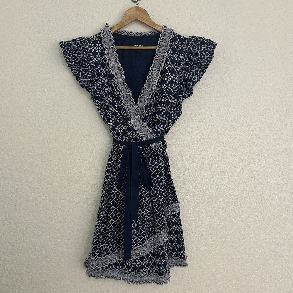 Express Eyelet Sundress Size S Blue Belted Ruffle Mini Faux Wrap Dress Cottage
